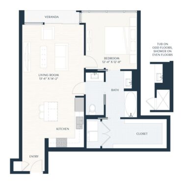 Rendering of the A1 floor plan with 1 bedroom[s] and 1 bathroom[s] at 2929 Weslayan
