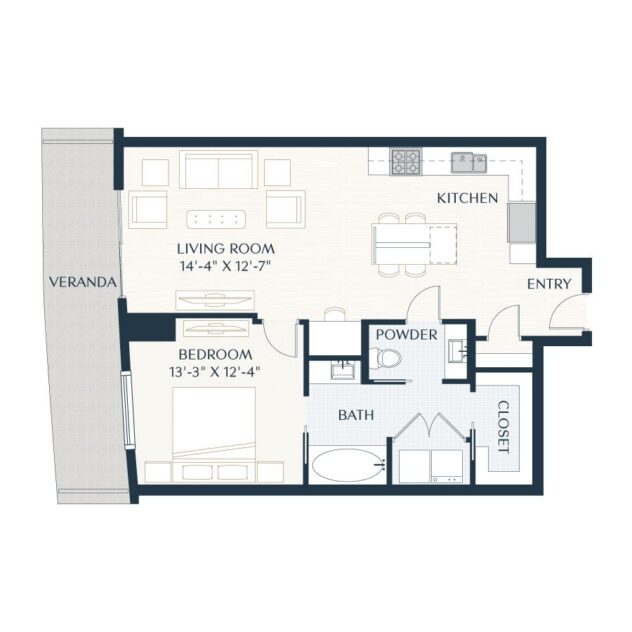 Rendering of the A2.1 floor plan with 1 bedroom[s] and 1 bathroom[s] at 2929 Weslayan