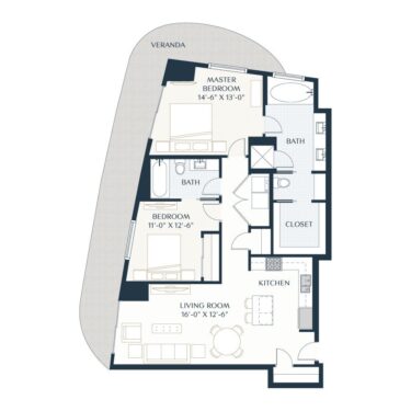 Rendering of the B2 floor plan with 2 bedroom[s] and 2 bathroom[s] at 2929 Weslayan