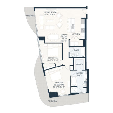 Rendering of the B4.1 floor plan with 2 bedroom[s] and 2.5 bathroom[s] at 2929 Weslayan