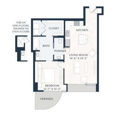 Rendering of the A3 floor plan with 1 bedroom[s] and 1 bathroom[s] at 2929 Weslayan