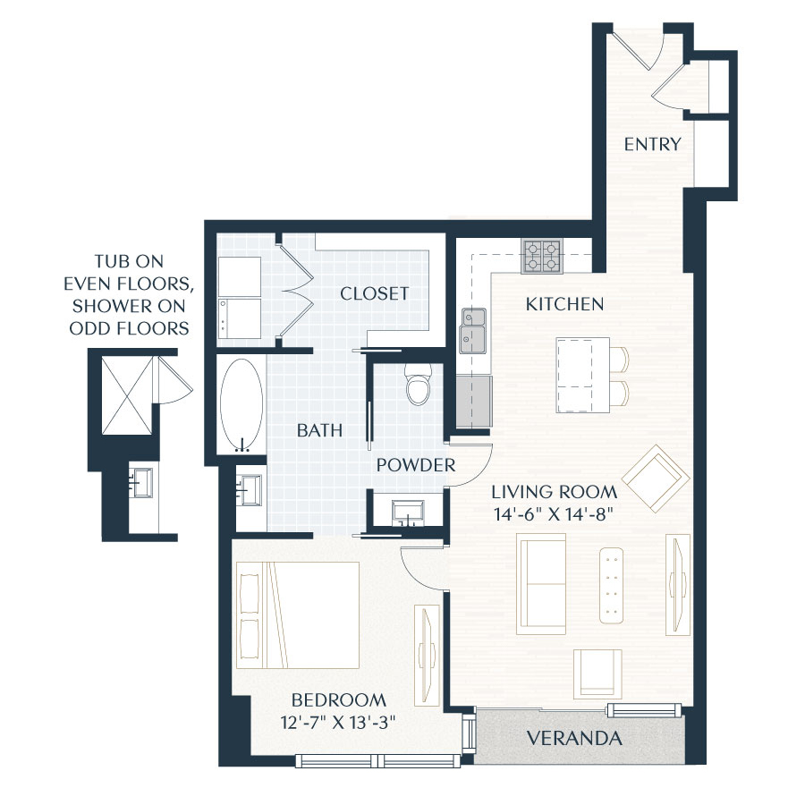 Rendering of the A5.1 floor plan with 1 bedroom[s] and 1 bathroom[s] at 2929 Weslayan