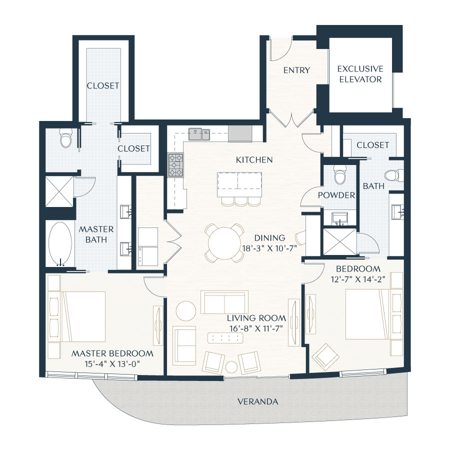 Rendering of the B8d floor plan with 2 bedroom[s] and 2.5 bathroom[s] at 2929 Weslayan