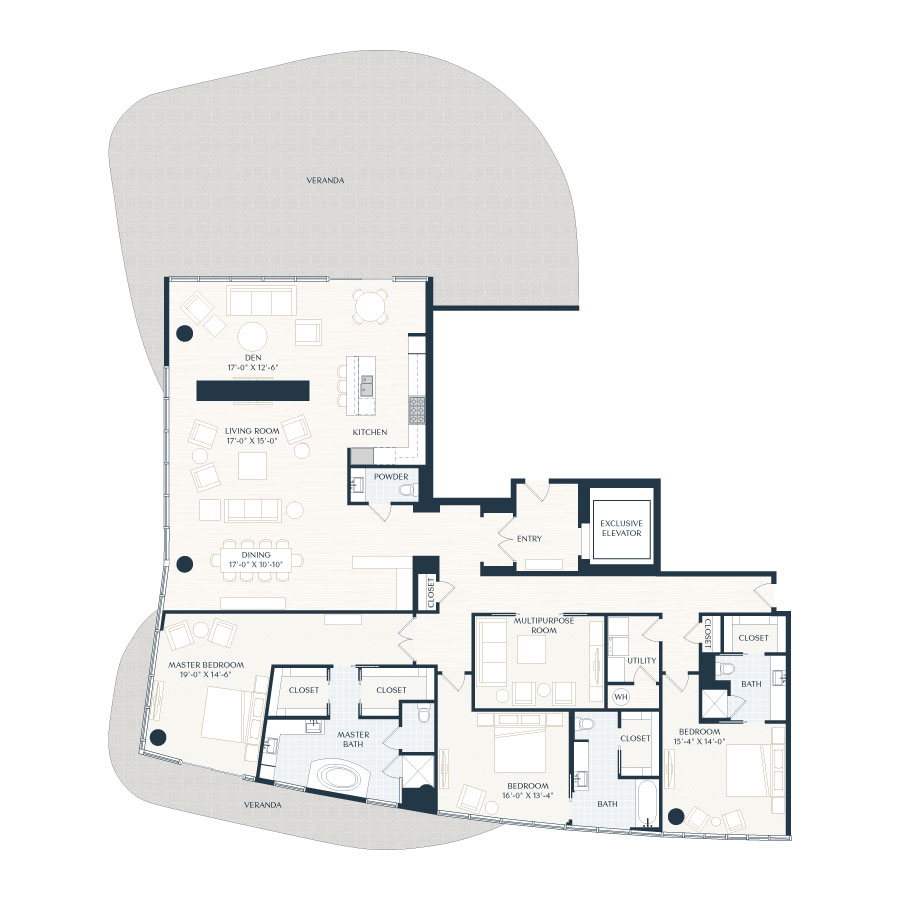 Rendering of the PH1 floor plan with 3 bedroom[s] and 3.5 bathroom[s] at 2929 Weslayan