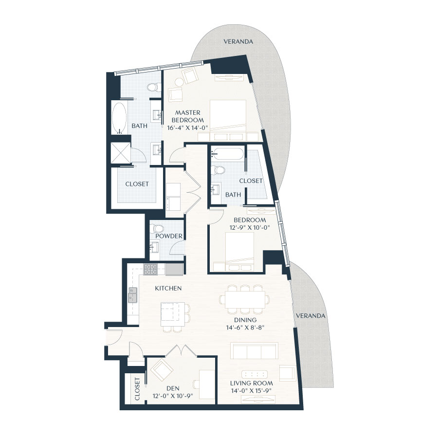 Rendering of the B7 floor plan with 2 bedroom[s] and 2.5 bathroom[s] at 2929 Weslayan