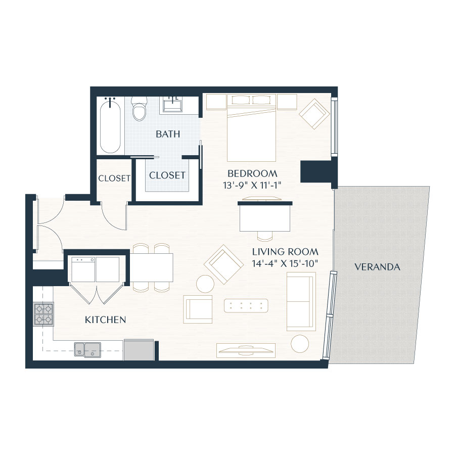 Rendering of the E2 floor plan with a Studio bedroom and 1 bathroom[s] at 2929 Weslayan