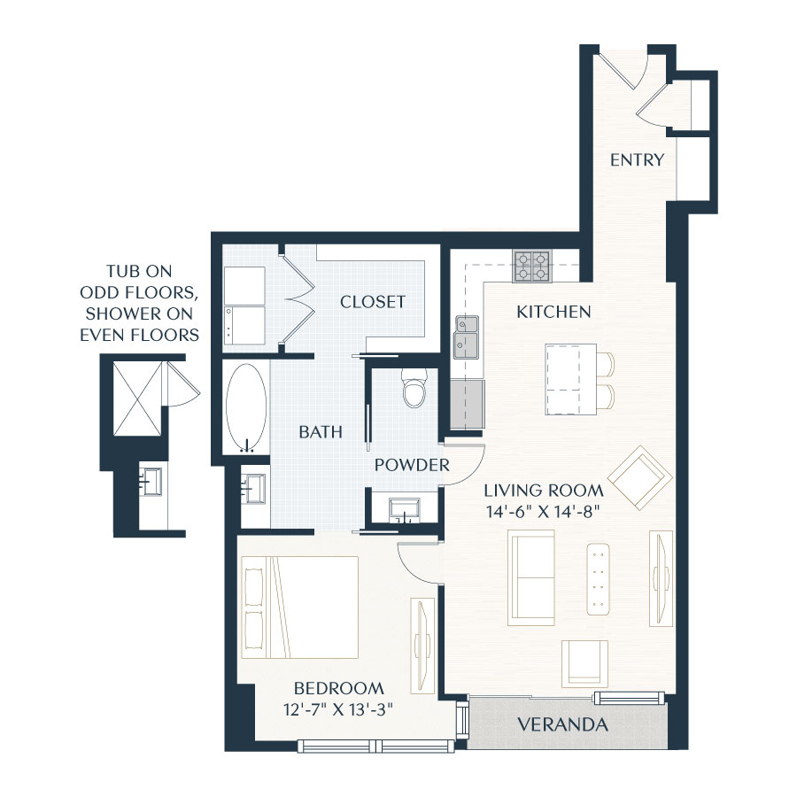 Rendering of the A5 floor plan with 1 bedroom[s] and 1 bathroom[s] at 2929 Weslayan