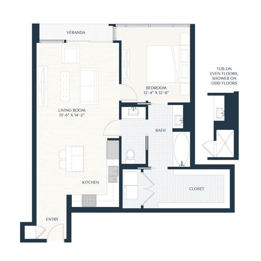 Rendering of the A1.1 floor plan with 1 bedroom[s] and 1 bathroom[s] at 2929 Weslayan