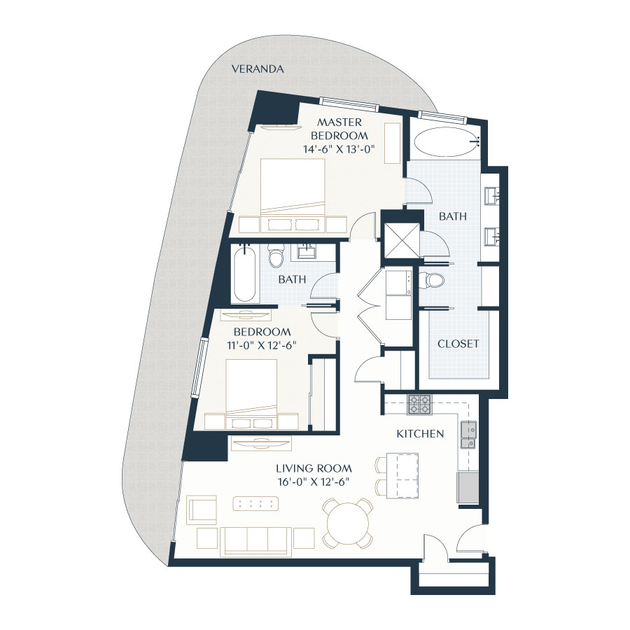 Rendering of the B2 floor plan with 2 bedroom[s] and 2 bathroom[s] at 2929 Weslayan