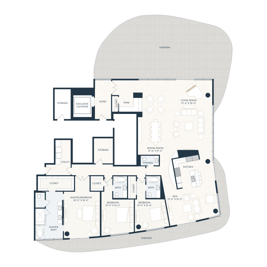 Rendering of the PH2 floor plan with 3 bedroom[s] and 3.5 bathroom[s] at 2929 Weslayan