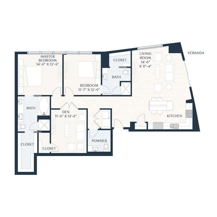 Rendering of the B6 floor plan with 2 bedroom[s] and 2.5 bathroom[s] at 2929 Weslayan