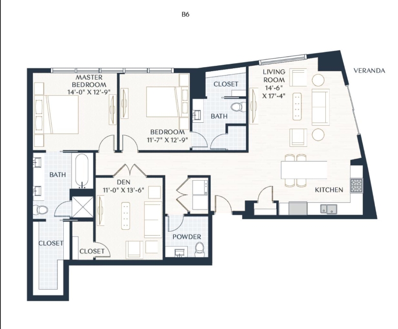 Rendering of the B6 floor plan with 2 bedroom[s] and 2.5 bathroom[s] at 2929 Weslayan
