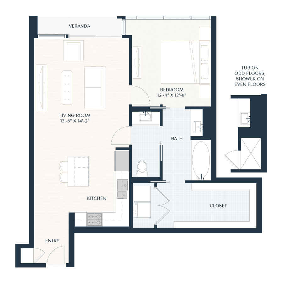Rendering of the A1 floor plan with 1 bedroom[s] and 1 bathroom[s] at 2929 Weslayan
