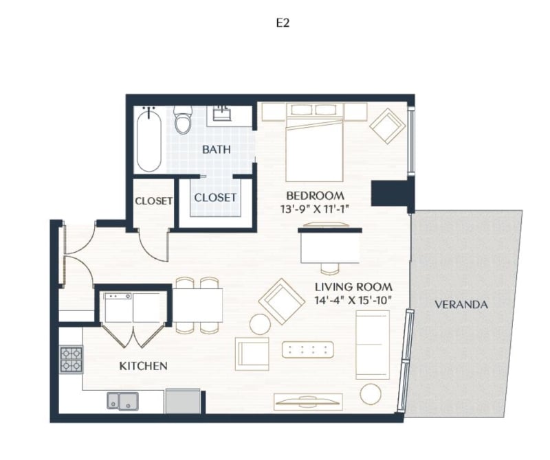 Rendering of the E2 floor plan with a Studio bedroom and 1 bathroom[s] at 2929 Weslayan