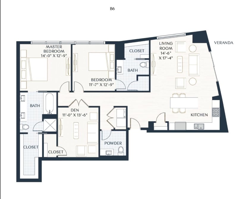 Rendering of the B6 floor plan with 2 bedroom[s] and 2.5 bathroom[s] at 2929 Weslayan