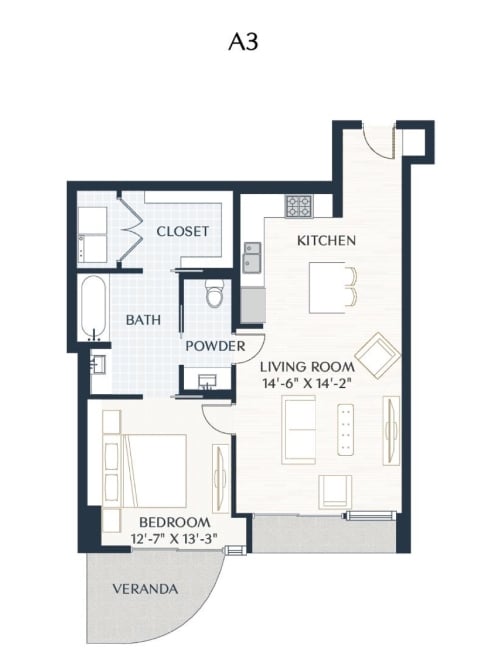 Rendering of the A3 floor plan with 1 bedroom[s] and 1 bathroom[s] at 2929 Weslayan