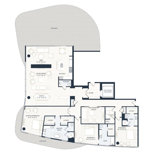 Rendering of the PH1 floor plan with 3 bedroom[s] and 3.5 bathroom[s] at 2929 Weslayan