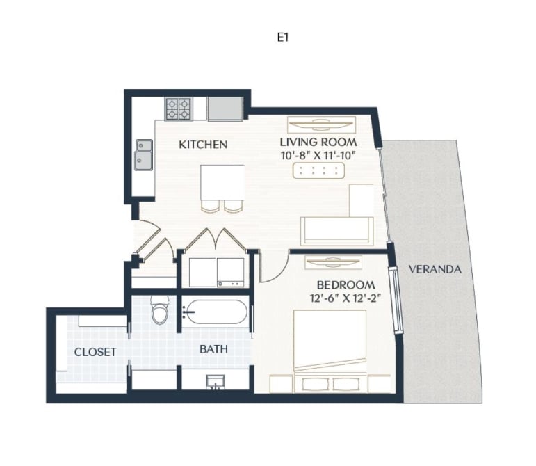 Rendering of the E1 floor plan with a Studio bedroom and 1 bathroom[s] at 2929 Weslayan