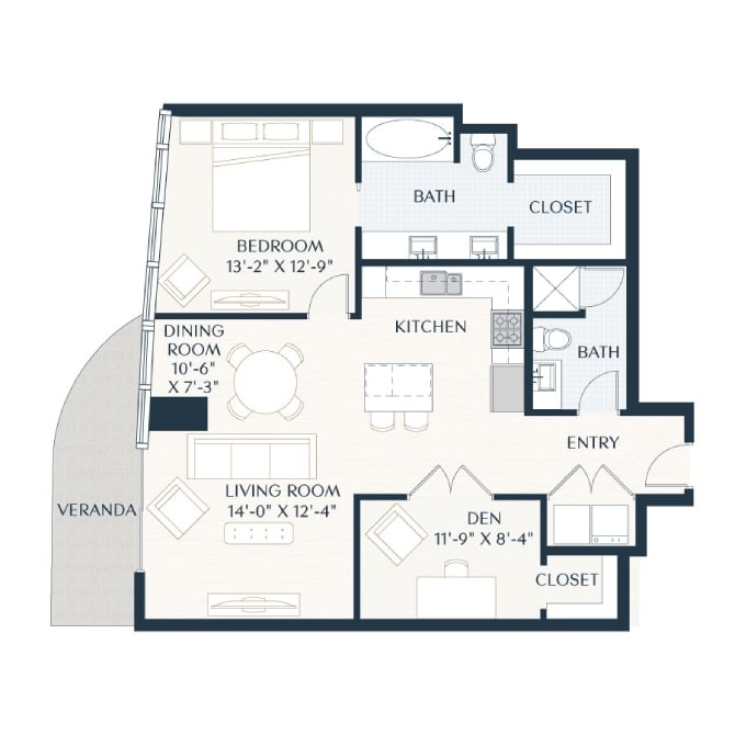 Rendering of the A6 floor plan with 1 bedroom[s] and 1 bathroom[s] at 2929 Weslayan