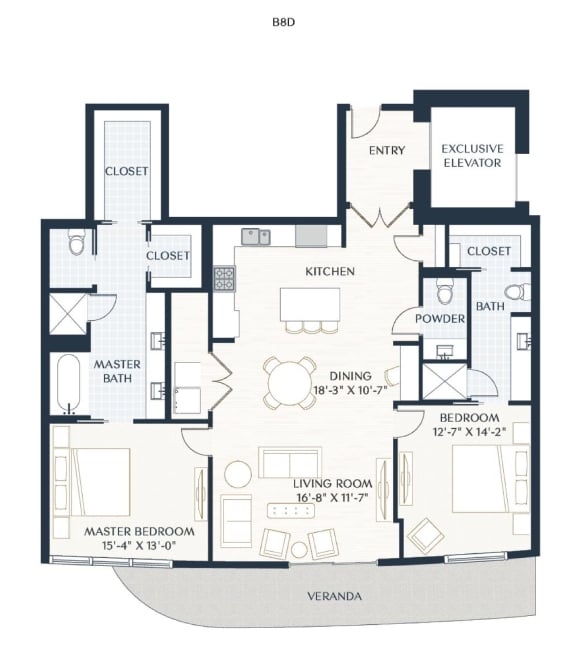Rendering of the B8.1d floor plan with 2 bedroom[s] and 2.5 bathroom[s] at 2929 Weslayan