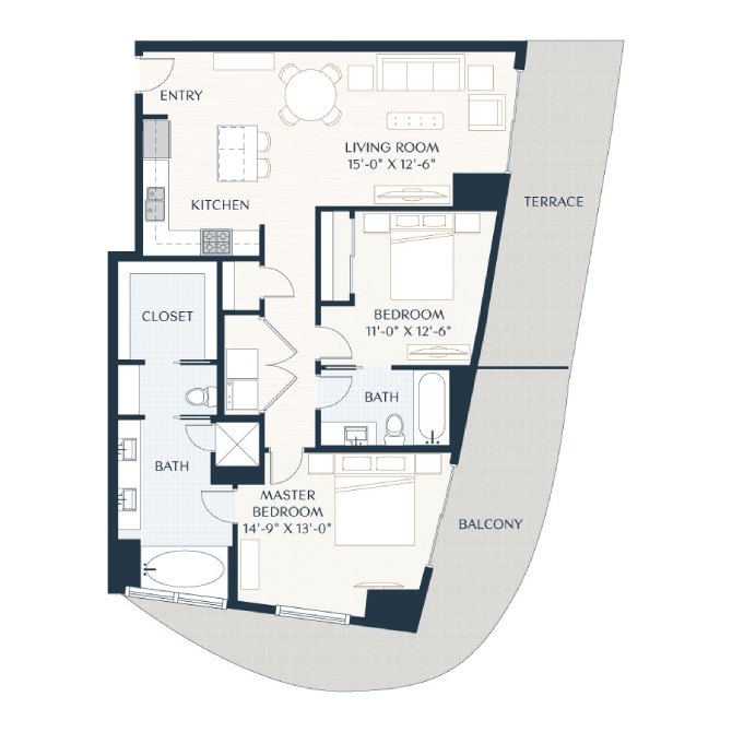 Rendering of the B1 floor plan with 2 bedroom[s] and 2 bathroom[s] at 2929 Weslayan