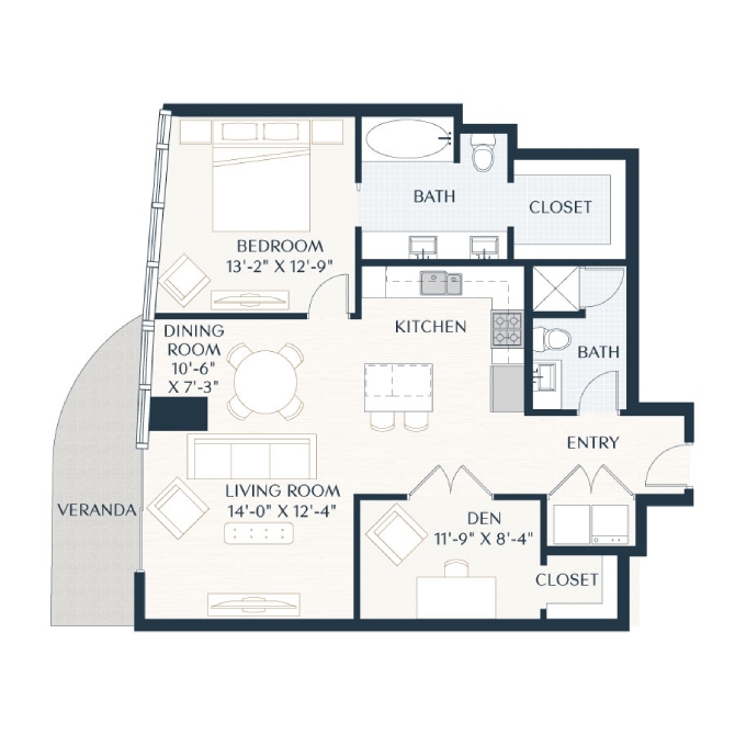 Rendering of the A6 floor plan with 1 bedroom[s] and 1 bathroom[s] at 2929 Weslayan