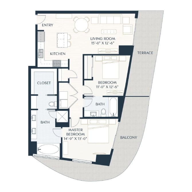 Rendering of the B1 floor plan with 2 bedroom[s] and 2 bathroom[s] at 2929 Weslayan