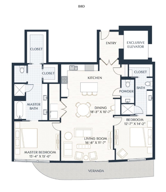 Rendering of the B8.1d floor plan with 2 bedroom[s] and 2.5 bathroom[s] at 2929 Weslayan