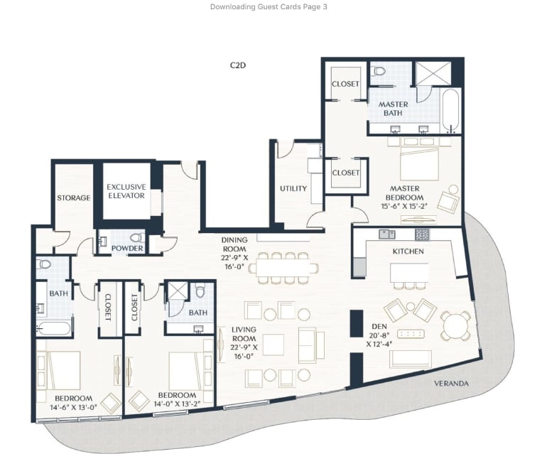 Rendering of the C2d floor plan with 3 bedroom[s] and 3.5 bathroom[s] at 2929 Weslayan
