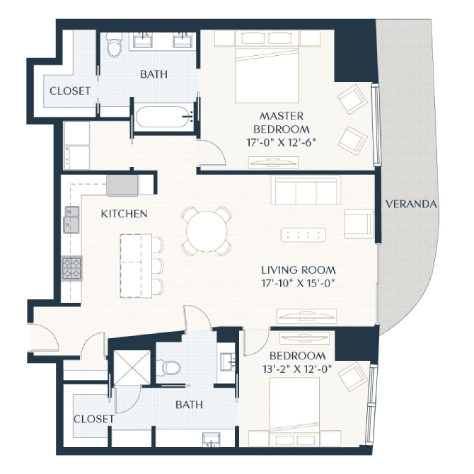 Rendering of the B3 floor plan with 2 bedroom[s] and 2 bathroom[s] at 2929 Weslayan
