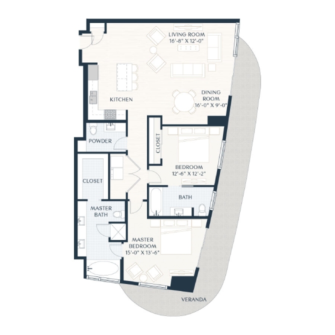Rendering of the B5 floor plan with 2 bedroom[s] and 2.5 bathroom[s] at 2929 Weslayan