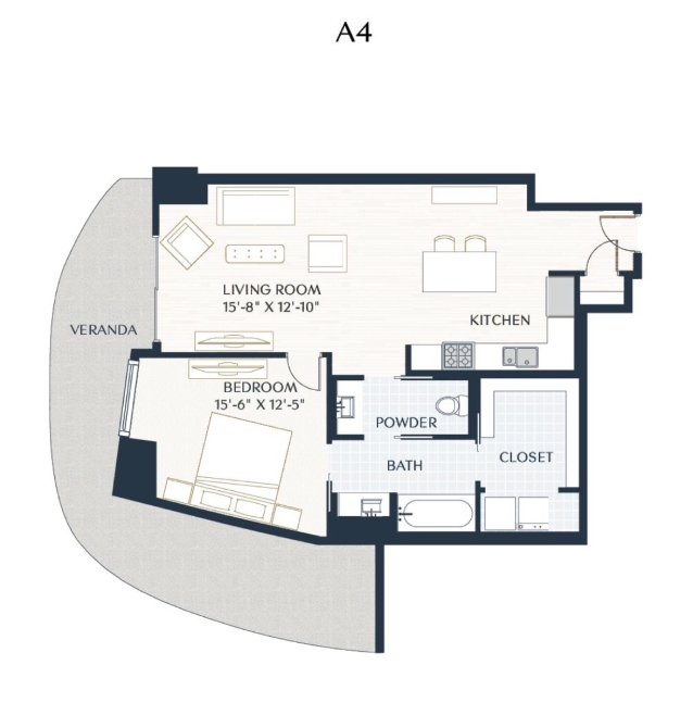 Rendering of the A4 floor plan with 1 bedroom[s] and 1 bathroom[s] at 2929 Weslayan