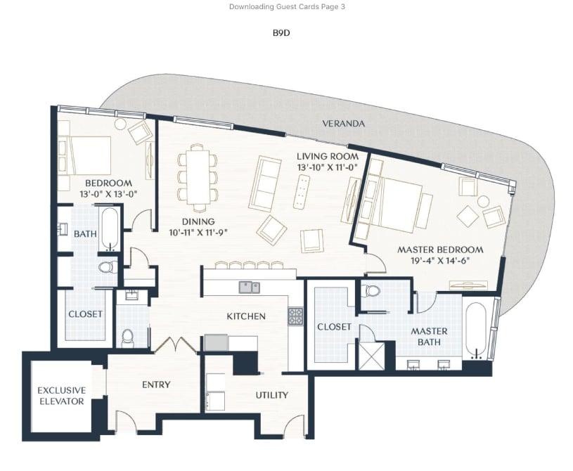 Rendering of the B9d floor plan with 2 bedroom[s] and 2.5 bathroom[s] at 2929 Weslayan