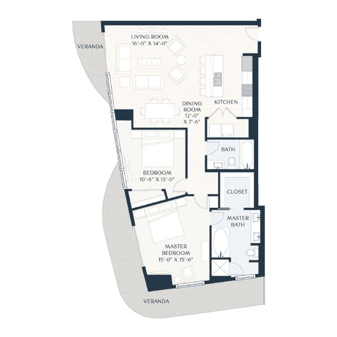 Rendering of the B4 floor plan with 2 bedroom[s] and 2 bathroom[s] at 2929 Weslayan